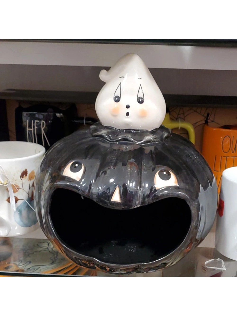 Ceramic Black Pumpkin Ghost Figurine Halloween Tabletop Decor Spooky Treat Bowl